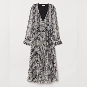 H&M midi snake print grayish/black pleated wrap dress